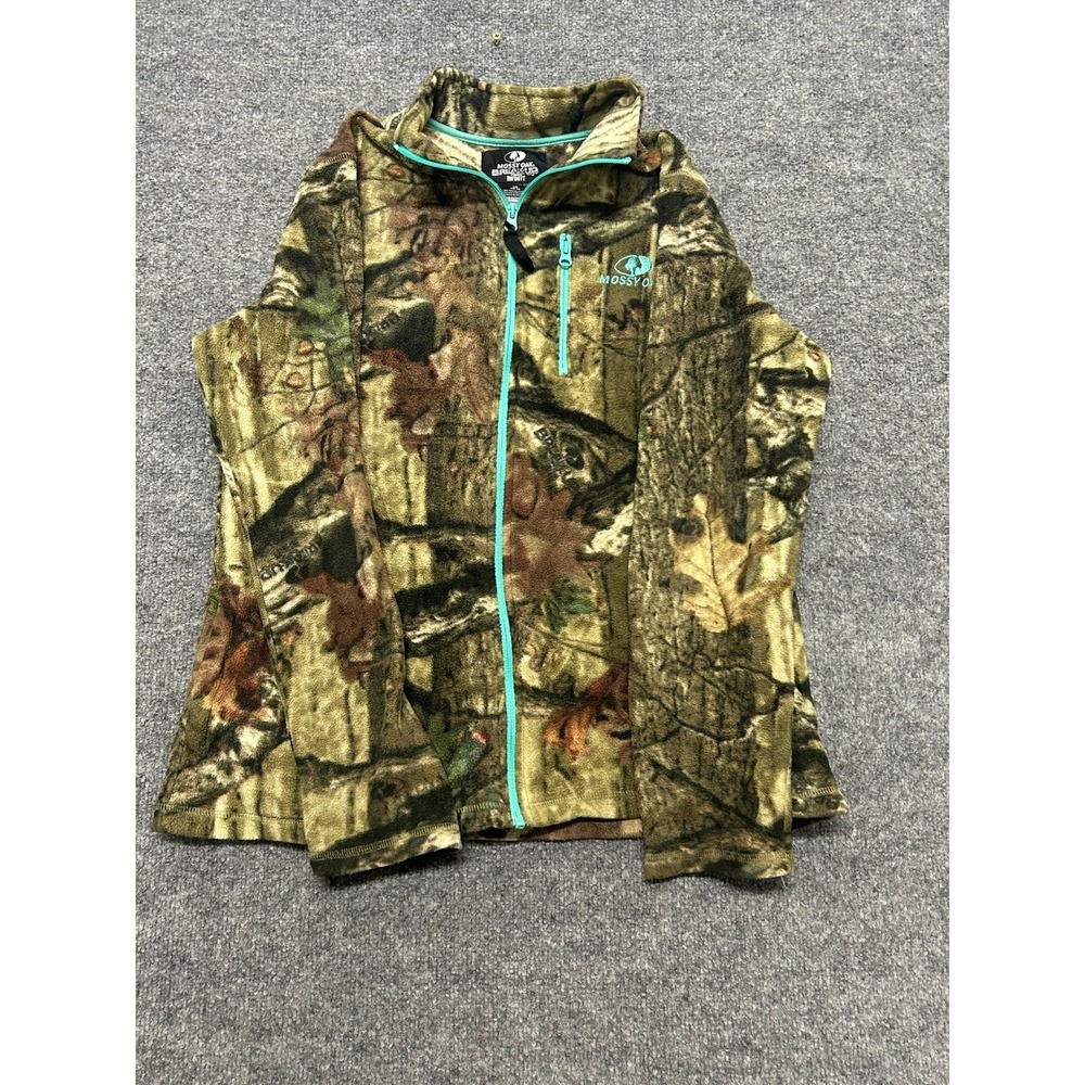 Mossy Oak Fleece Jacket Womens Size L Camo Break-Up Infinity Full Zip Teal Trim